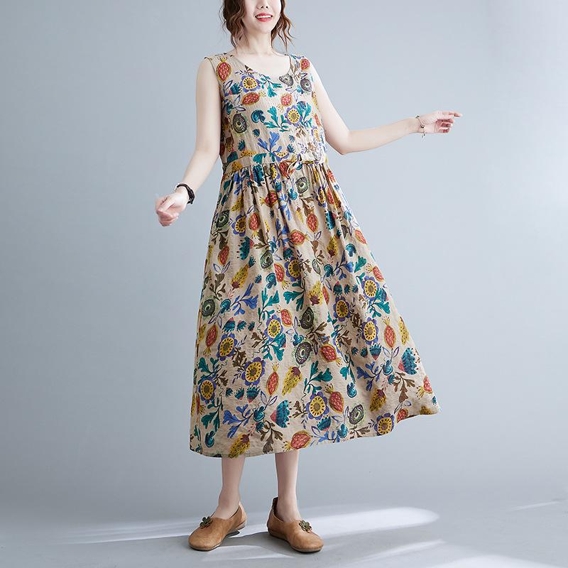 Summer Loose Cotton Linen Printed Round Neck Sleeveless Dress for Women Waist Cinched Mid Length Design Casual Dresses