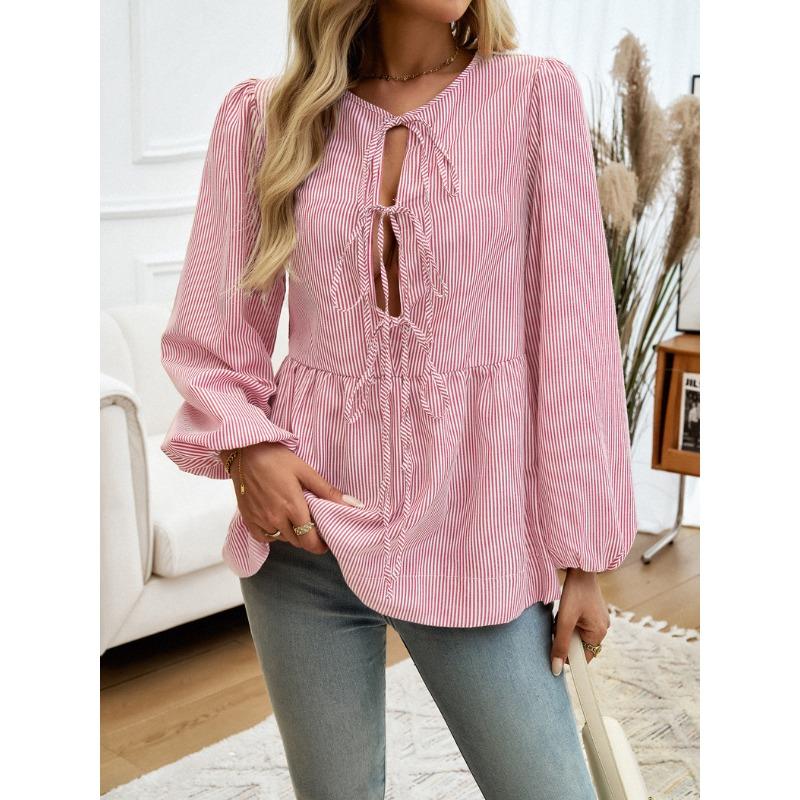 Женские осенние и зимние топы, повседневная свободная полосатая рубашка с рукавами-фонариками и завязкой