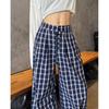 Women's Retro Plaid Double-Breasted Straight-Leg Wide-Leg Pants - Zhao Lusi Style, Spring & Autumn Collection in Blue.