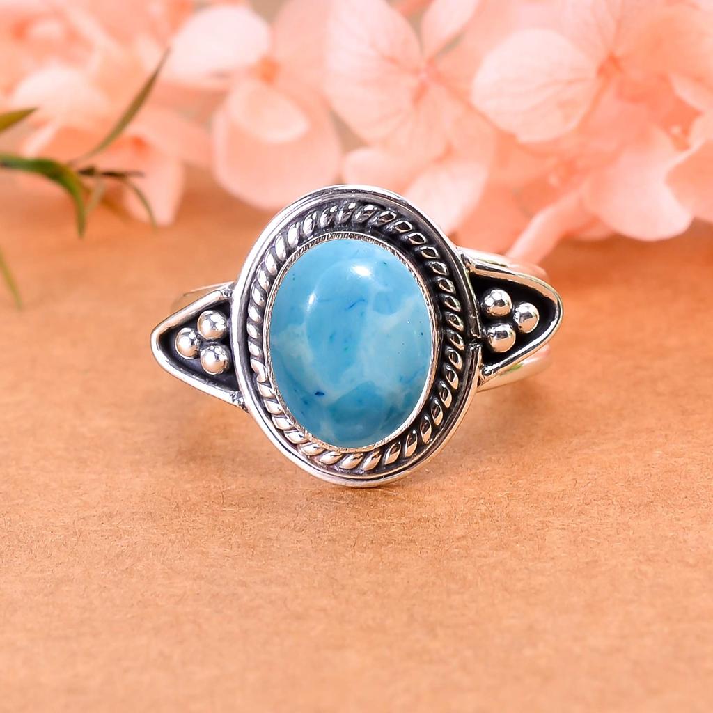 Larimar Designer Handmade Oxidised 925 Sterling Silver Ring V2936, Blue Ring, Oval Ring, Valentin's Day Gift, Gift For Her, Birthday Gift, Handmade Je