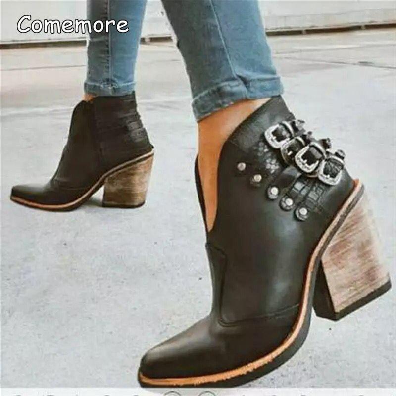 Fashion Comemore Punk Women Boots 2025 Female Autumn Winter Leather Cowboy Western Ankle Boot Buckle Women High Heel Booties Botas Mujer