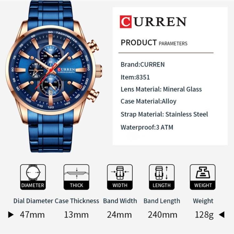 CURREN Часы со стальным ремешком, простой календарь, деловые часы с большим циферблатом, водонепроницаемые мужские модные часы