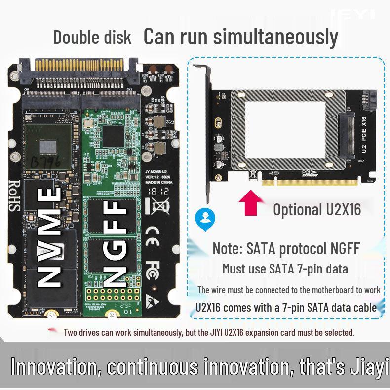 JiaYi U.2 to PCIe 3.0 x4 Adapter Card with SFF-8639 Dual SATA SSD Interface