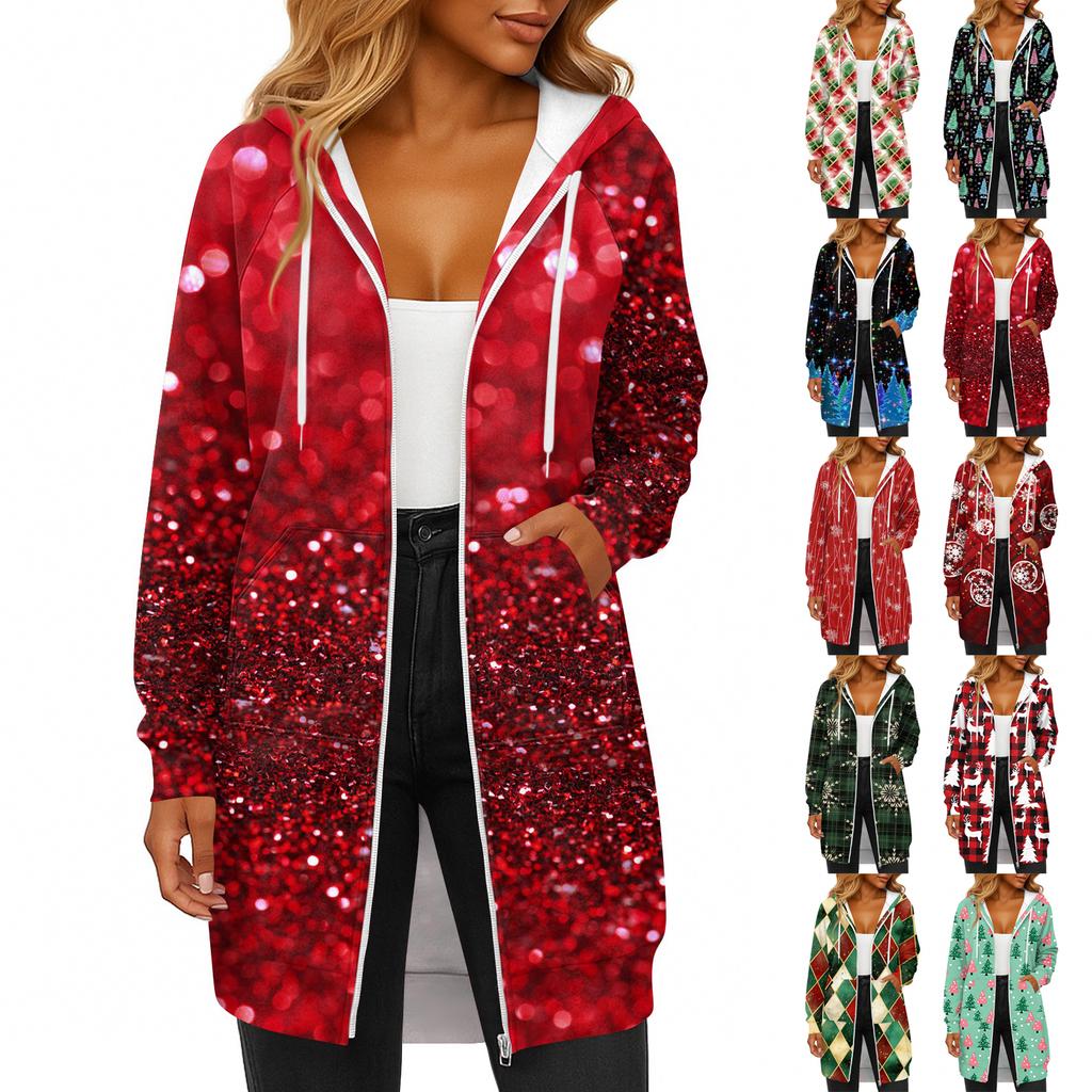 Women's Fashionable Christmas Printed Long Sleeved Drawstring Hooded Zipper Pocket Long Casual Sweatshirt Jacket