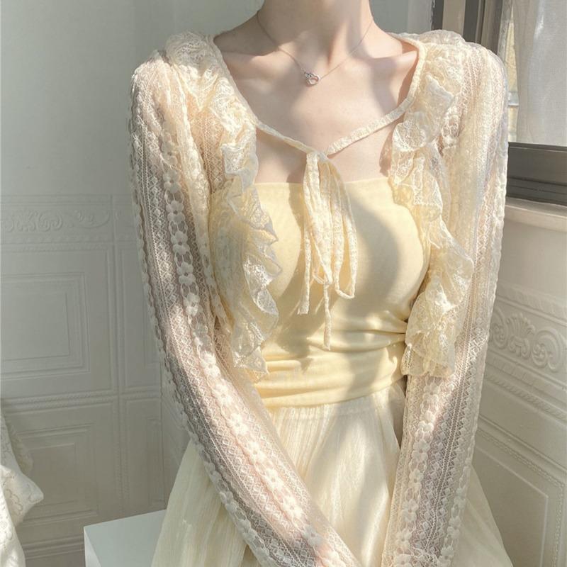 Короткий кружевной кардиган женский, шаль для защиты от солнца, топ 2026, летняя новинка, стильная верхняя одежда, сочетается с платьями