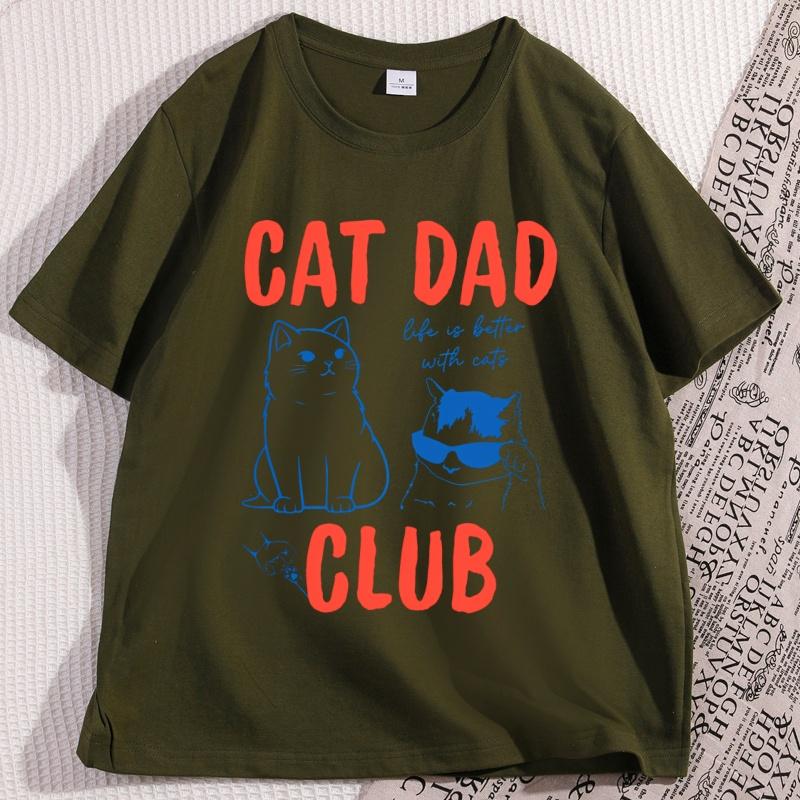 Cat Dad T Shirt Men Casual Cotton Short Sleeve Cat Dad Club Tshirt Funny Cat Lover Tshirt Casual Short Sleeve Round Neck Tee