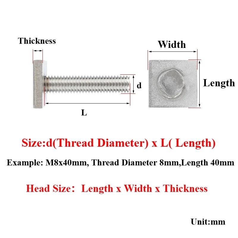 M6 M8 M10 304 Stianless Steel T-Slot Chute Rail Track T Shape Type Rectangle Hammer Head Screws Bolts
