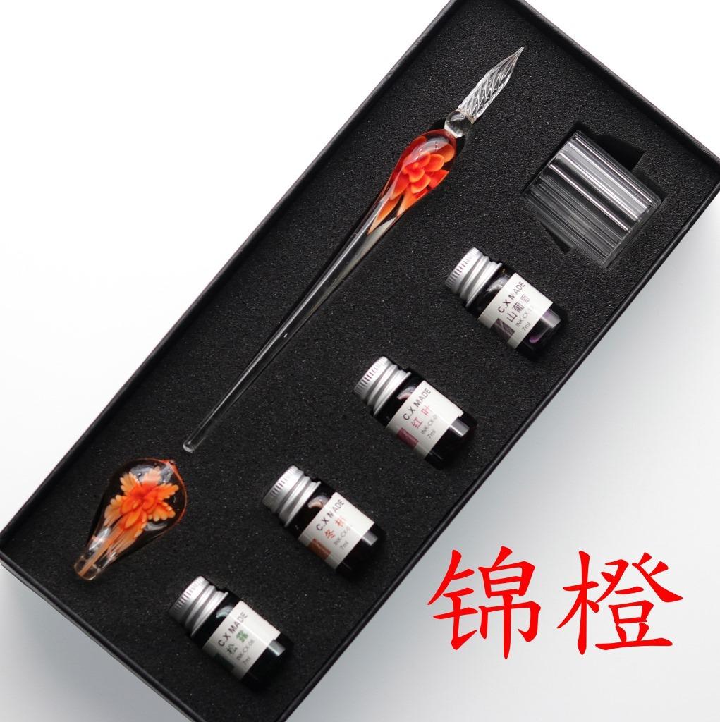 Embedded flower glass pen set, colored dipping pen, street vendor gift box, signature pen, glass pen gift