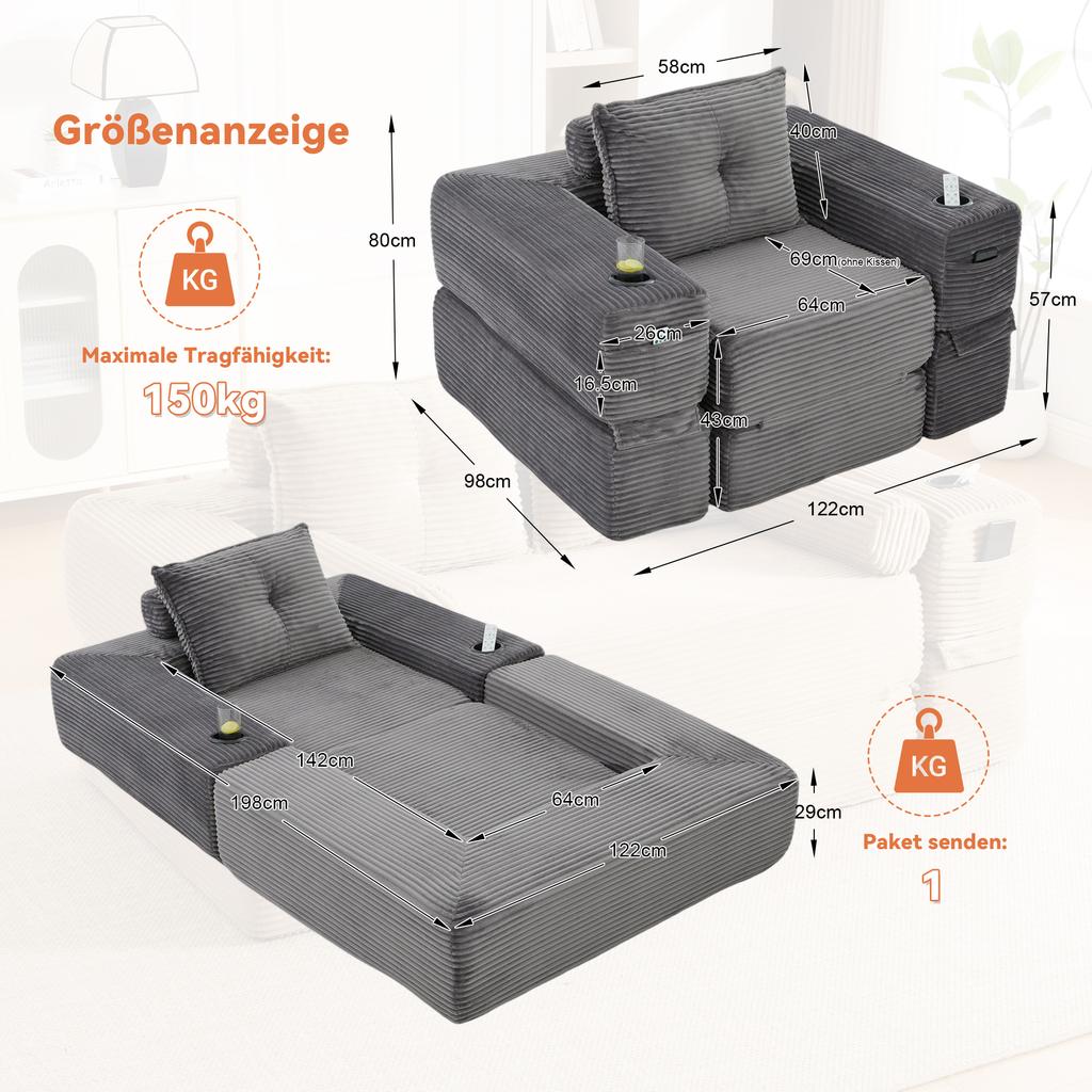 Corduroy Folding Sofa with foam & spring core for a shape-stable seat, side pocket + cup holder, armrest with zipper, vacuum-packed, easy assembly.