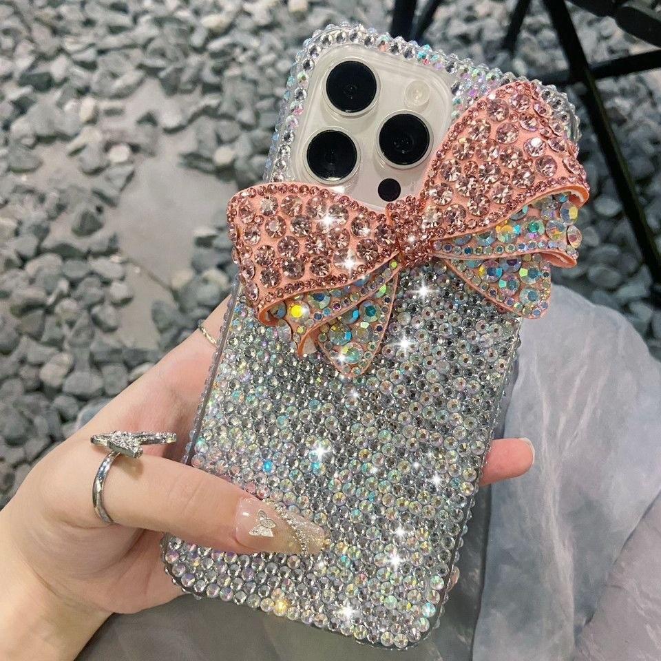 Luxurious full-diamond bow strap suitable for iPhone 11, iPhone 17 Pro Max case, 13/12 women's lanyard