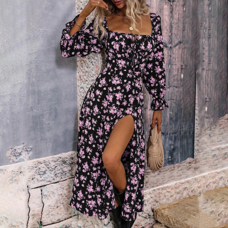 Women Autumn Winter Long Sleeve Flower Print Square Neck Casual A-Line Ankle-Length High Waist Dress