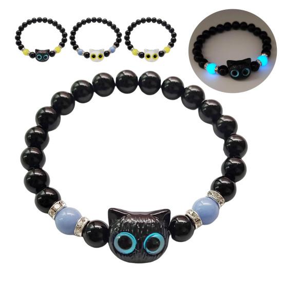 Светящийся браслет с изображением кошки, искусственный агат, гладкие бусины, стразы, декор, регулируемый браслет, светящийся на солнце, для ежедневной вечеринки, свидания