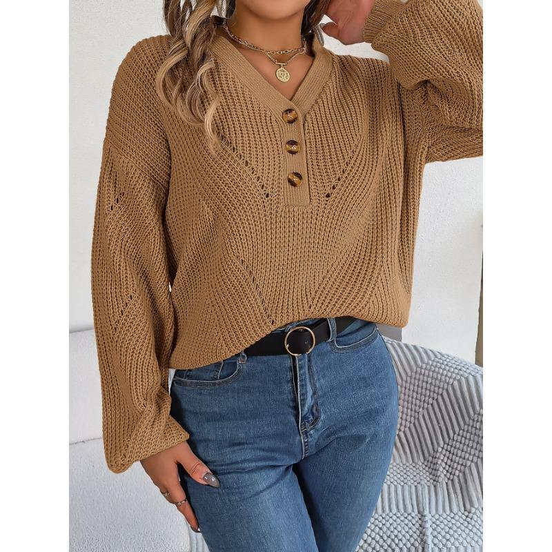 Женский свитер-пуловер с V-образным вырезом, пуговицами и рукавами-фонариками, осенне-зимняя модель