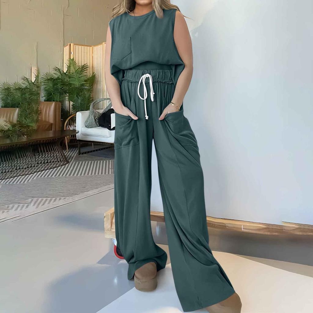 Летний комплект из 2 предметов Omen, топ без рукавов с круглым вырезом, широкие брюки, комплект, комбинезон, летний повседневный костюм