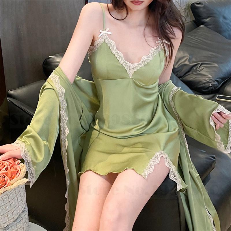 Sexy Lace Bathrobe Gown Nightdress Lingerie Summer New Female Nighty&Robe Set Nightgown Silky Satin Home Clothes Loungewear