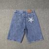 Mens Distressed Denim Shorts With Star Embroidery Retro Streetwear Straight Cut Mid-Rise Casual