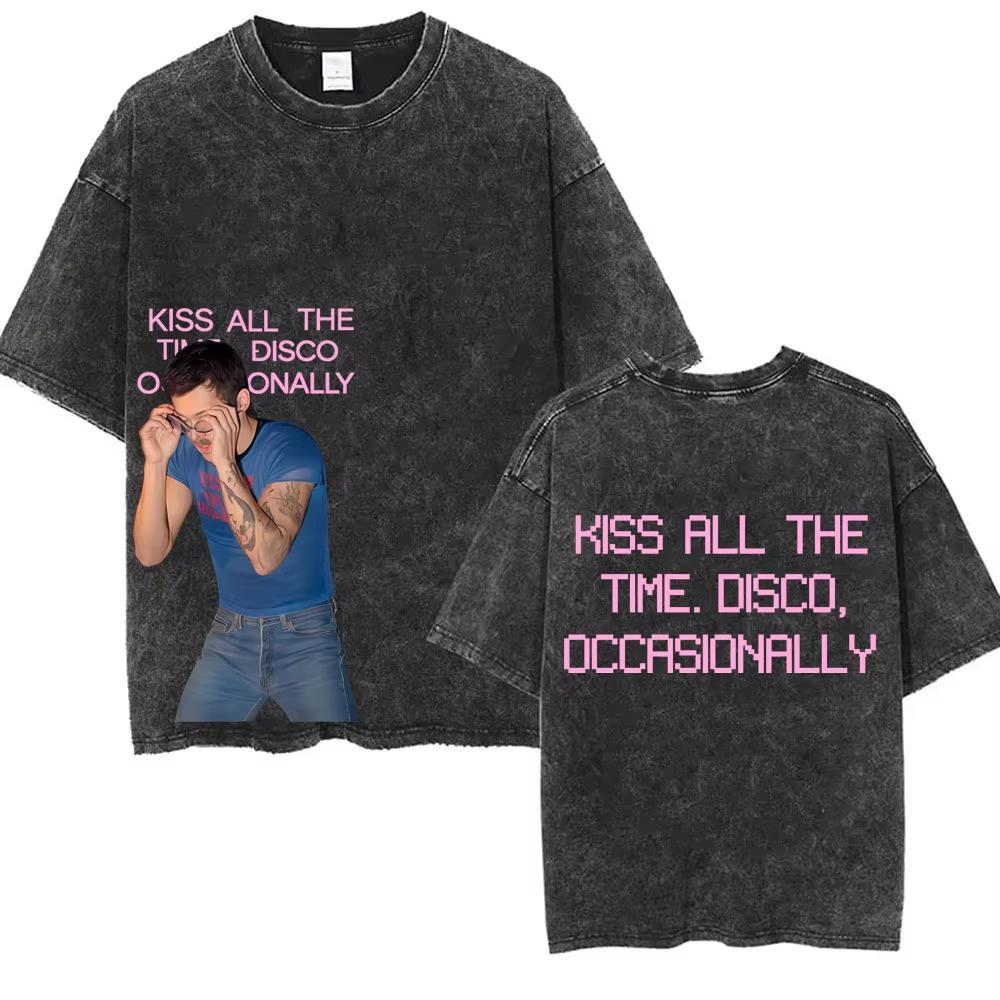 Kiss All The Time Disco Occasionally Washed Vintage T-shirts Fans Gift Men Women Fashion Pop Music Streetwear Male Oversized Tee