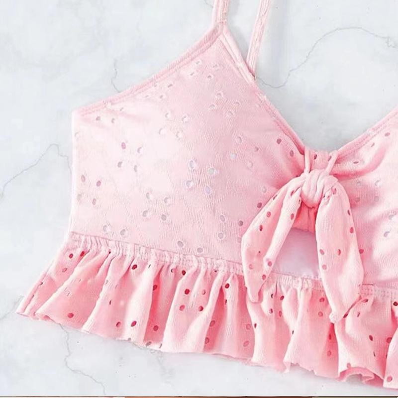 Solid Bikini Set High Waist Mesh Beach Style Swimwear Women Three-piece Flounce Summer Swimsuit Biquini Bathing Suit