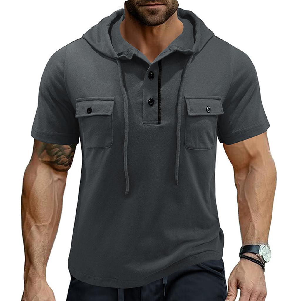 Мужская летняя рубашка с капюшоном, повседневная, однотонная, на 1-3 пуговицах, с коротким рукавом, худи, топы для пляжного отдыха, уличная одежда