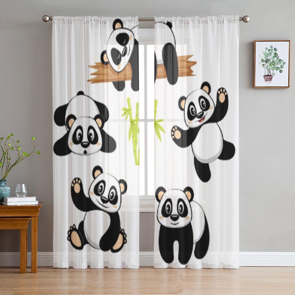 Детеныш панды, сидящий среди бамбуковых стеблей, прозрачные занавески из тюля для гостиной, спальни, кухни, вуаль, занавески из органзы
