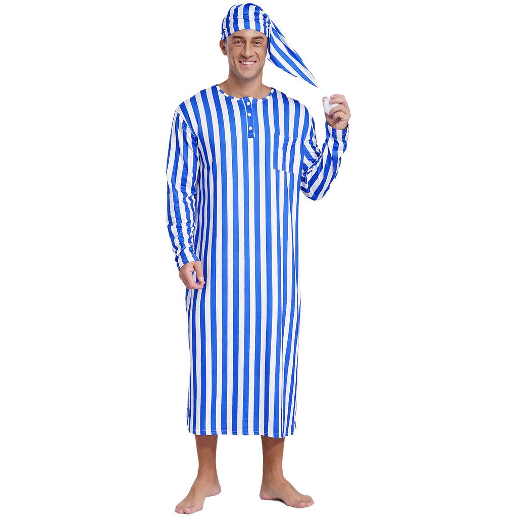 Mens Sissy Nightwear Striped Sleep Robe with Hat Long Sleeve Long Robe And Pompom Adjustable Sleep Hat Arabian Muslim Pajamas