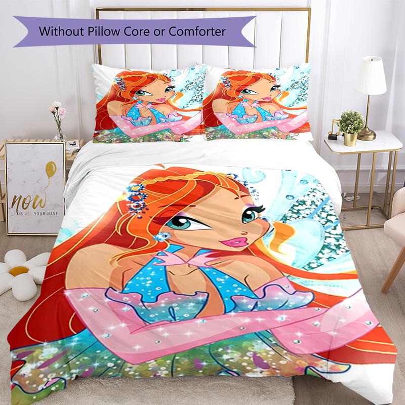3pcs Winx Club Bedding Set Duvet Cover Closure Includes 1 Duvet Cover & 2 Pillowcases, Soft and Comfortable for All Seasons.