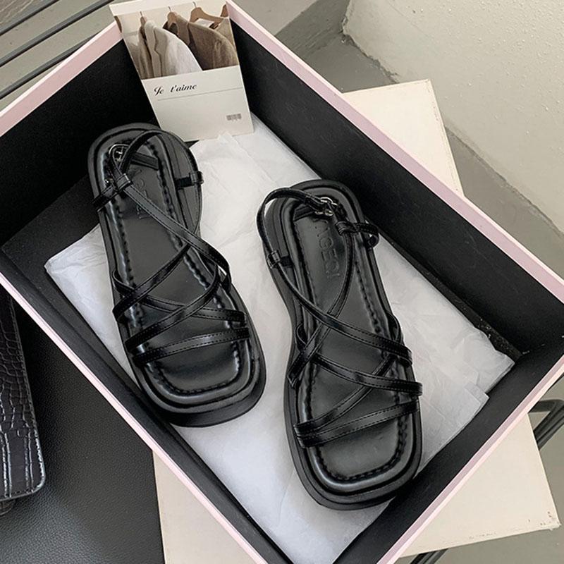 Обувь женская летняя 2024 года, римские сандалии на толстой подошве, плоская подошва, модные босоножки на высоком каблуке, женские с перекрестным ремнем, женская обувь