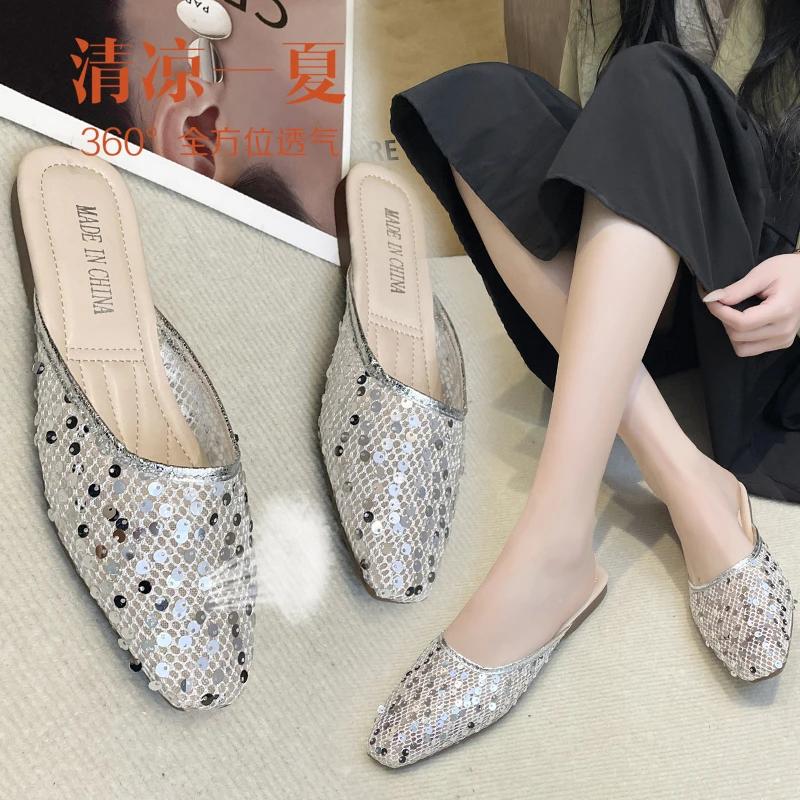 2026 new summer fashion luxury flat heel party shoes flat slip-on casual comfortable ladies diamond slippers