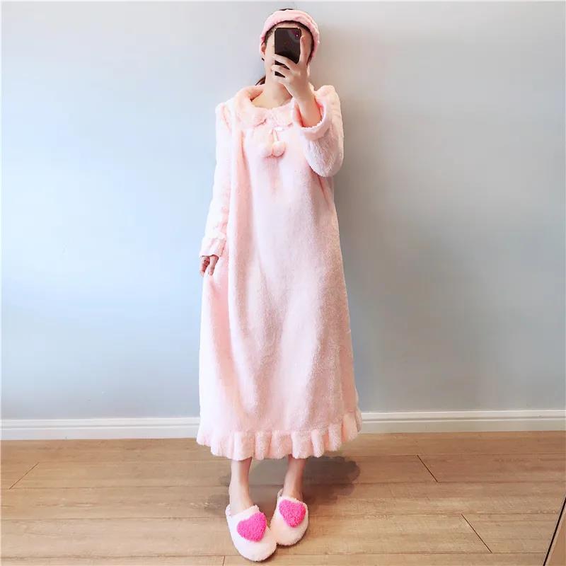 Autumn Winter Flannel Long Skirt Nightdress Women's Long Over The Knee Large Size Loose Solid Color Pompom Pajamas Home