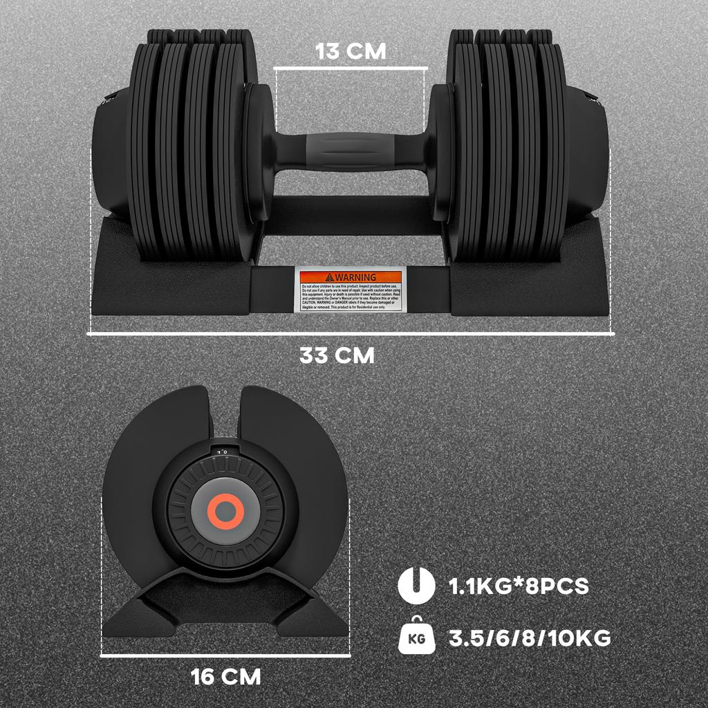 Adjustable Weights Kit with Dumbbell Holder and Non-Slip Grip, in Steel and ABS, 33x16x16 cm, Black