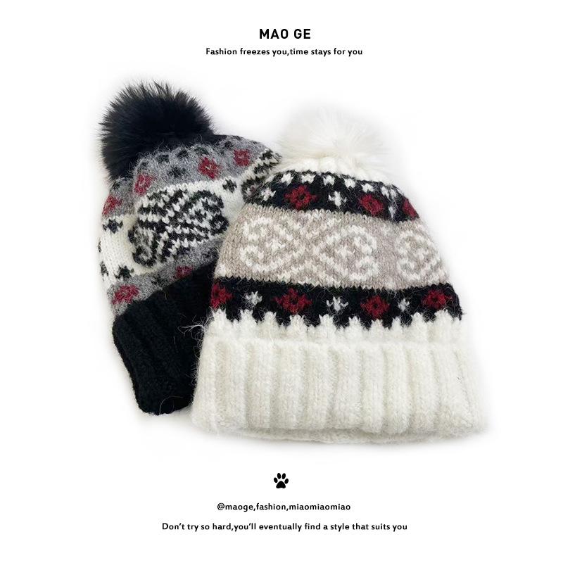 Ретро вязаная шапка с помпоном в стиле Fair Isle от Cat Brother - Тепло для осени/зимы