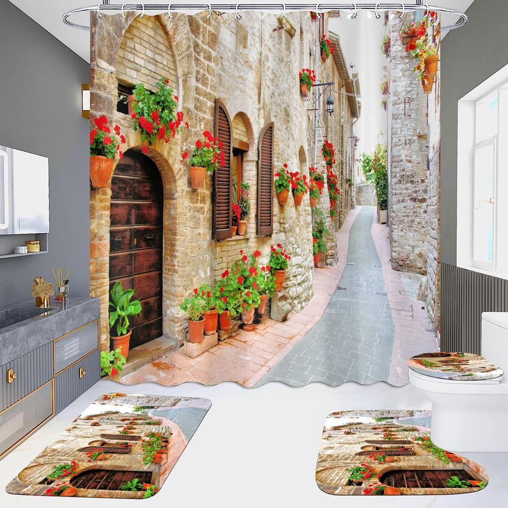4 шт., наборы занавесок для душа в европейском стиле с архитектурой замка Мандала для ванной комнаты, нескользящие коврики для ванной комнаты, крышка для унитаза, коврик для ванной