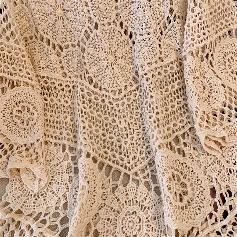 DIMANAF 2025 Новая футболка Женская Вязание Кружево Длинная Пляжная Праздничная Ажурная Летний Базовый Топ Футболка Свободная Одежда