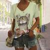V-neck 3D Cute Animal Printed Top Fashionable Casual Short Sleeved Women's T-shirts - Soft Medium Stretch Polyester Fabric Summer Relaxed Fit Clothing