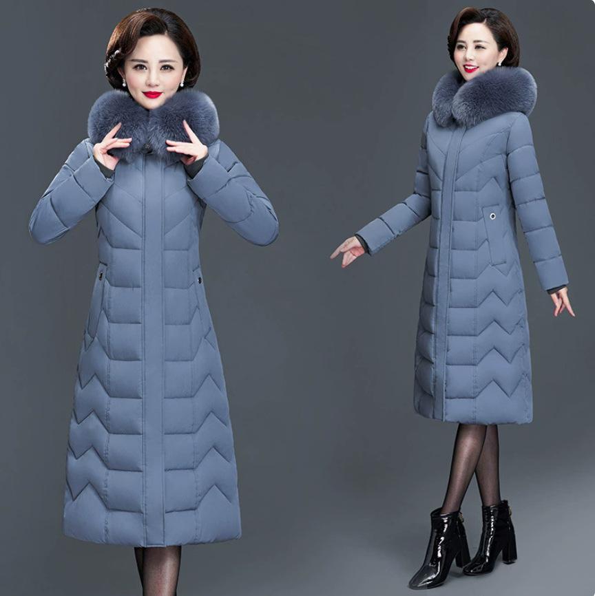Middle-aged and elderly medium and long down cotton clothes for women's winter new big fur collar fur collar slim and thin versatile coat