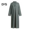 Autumn Spring Women Maxi Dress A-line Loose Hem Long Sleeves V Neck Pleated with Side Pockets Pullover Pure Color Daily Wear DressHandbags