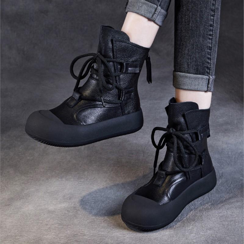 Johnature Handmade Vintage Mid-calf Boots Genuine Leather Women's Thick Soled Casual Versatile Short Boots