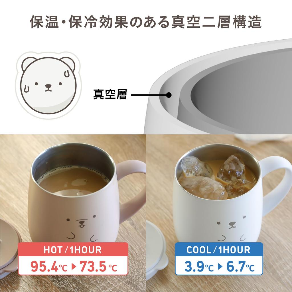 Кружка из нержавеющей стали CB Japan с вакуумной двойной стенкой, 370 мл, Медведь, Большая ручка для удобного захвата, Термокружка из нержавеющей стали с крышкой ANIBALL, Изолированная,
