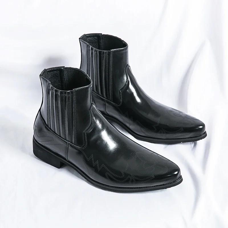 Модные высококачественные удобные мужские ботинки «Челси» на низком каблуке с острым носком и мягкой подошвой. Ботильоны. Новые модные туфли для показа официальных деловых мероприятий.