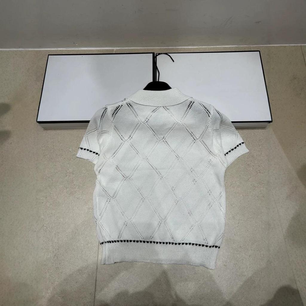 European-Style Luxury Diamond Pattern Knit Top with Lapel - 2026 Summer Arrival