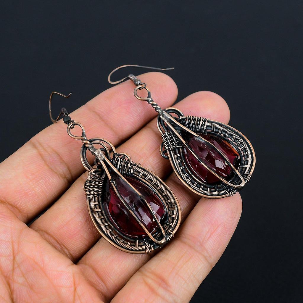 Garnet Jewelry, 999 Copper Wire Wrapped Earrings, Handmade Gemstone Jewelry Earrings For Memorial Day