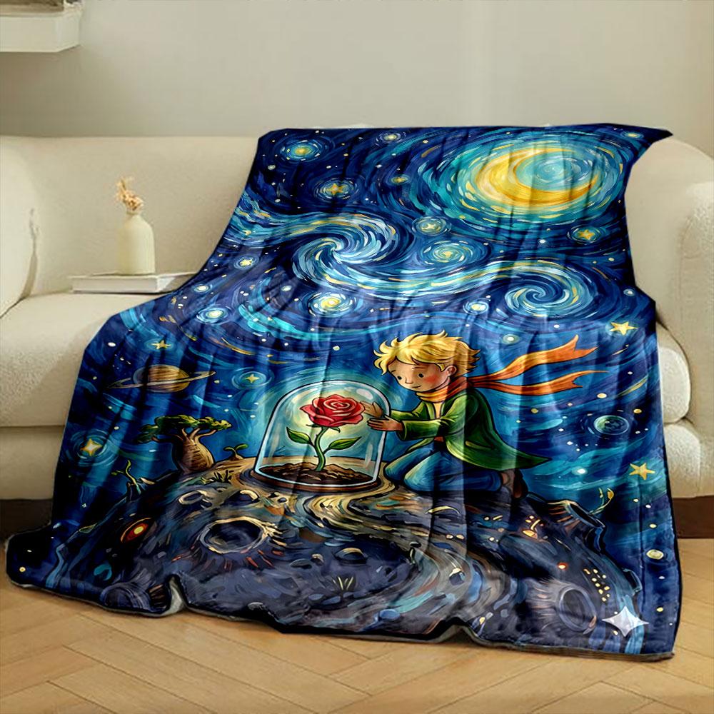 A swirling starry night sky with a rose under a glass dome on a planet. for all seasons blanket lunch break throw gift