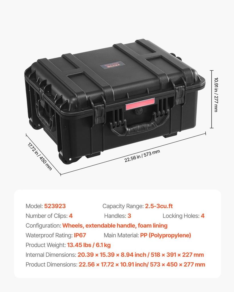 2.5 Cu.ft Weatherproof Hard Case Rolling Wheels & Retractable Handle Black