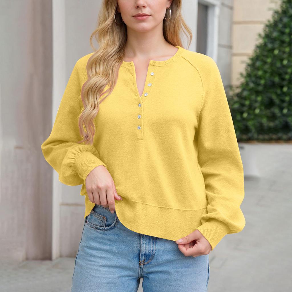 Women's Button Neck SweaterLong Sleeve Henly Fashion Loose Knit Pullover