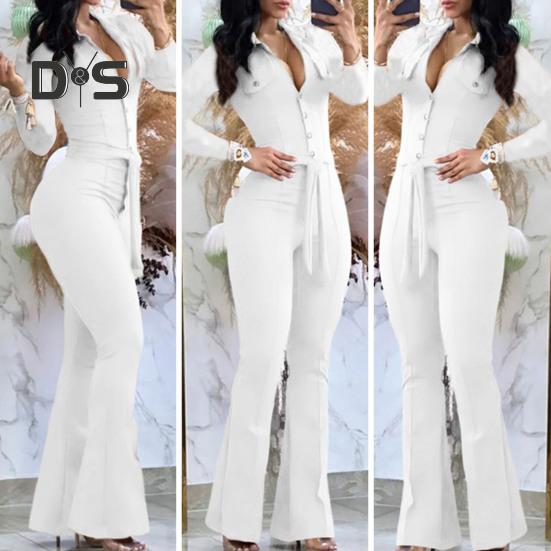 Women Fall Spring Jumpsuit Lapel Half Single-breasted Solid Color Long Sleeve Slim Fit Flared Cuff Low-cut Belted High Waist Elastic Lady Long