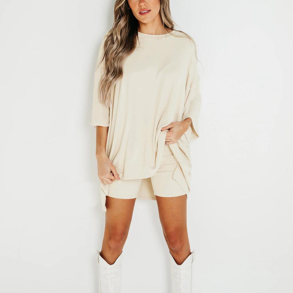 Женский летний комплект из 2 предметов с круглым вырезом и короткими рукавами, с заниженными плечами, топ для больших детей и узкие байкерские шорты для йоги, комплект