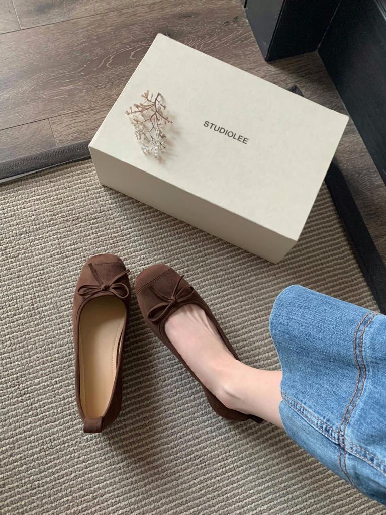 Cowhide Version~ French Bow Leather Ballet Shoes Women's Small Heel Single Shoes Mary Jane Ballet Flat Shoes Low Heel