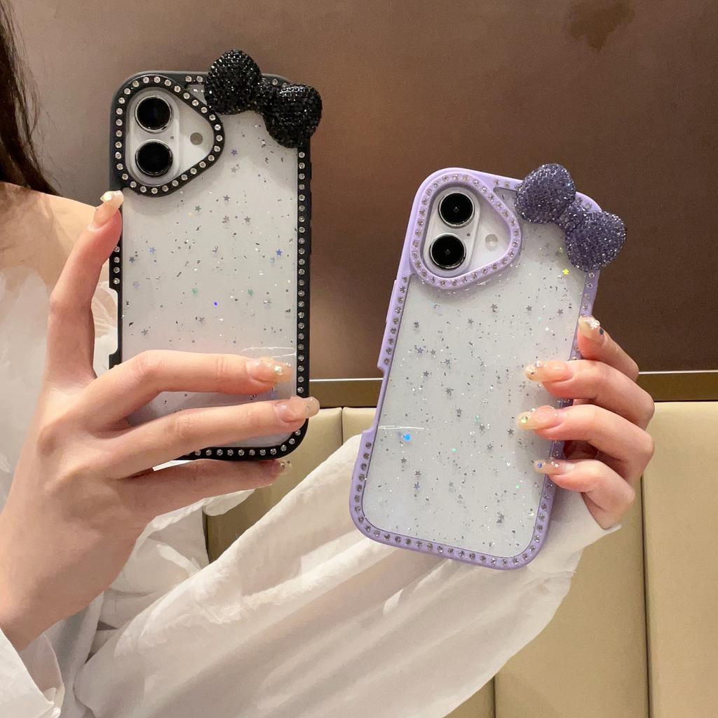 For iPhone 16 Case Star Epoxy Design TPU+PC Phone Cover with Rhinestones/Bow Tie Decor