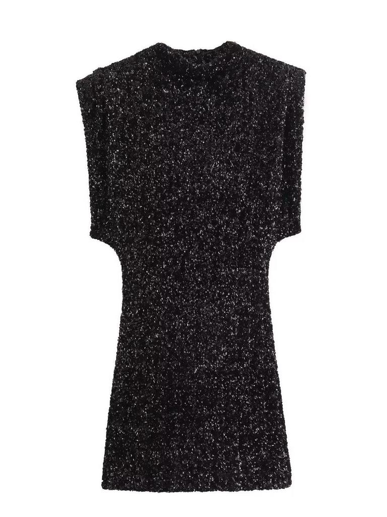 Y2K Winter Black Sequin Mini Dress with Shoulder Pads - Sleeveless Evening Wear