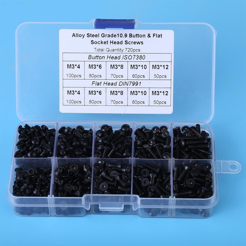 720 Pcs 4mm/6mm/8mm/10mm/12mm M3 Flat Head Screws Carbon Steel Pan Head Hex Screws Hex Button Head Head Cap Bolts
